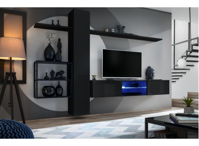 Wohnwand nera parete Mensole Mobili soggiorno Arredamento di lusso Set 5 pezzi