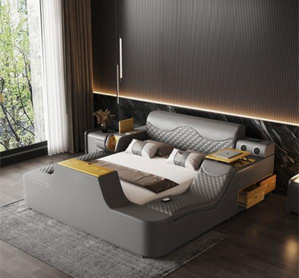 Doppio letto in pelle di lusso con massaggi imbottiti, letti moderni con Bluetooth per hotel.