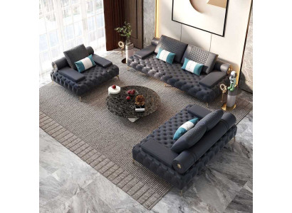 Set soggiorno 3 pezzi nero, salotto con divani 3 + 2 + 1 posti nuovo legno.