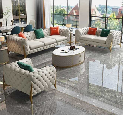 Set di divani 3+2+1 posti in pelle per il soggiorno, 3 pezzi.