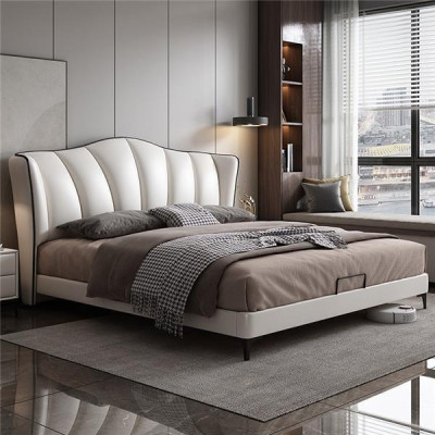 Camera da letto Letto in pelle Stile di lusso Letto matrimoniale beige Mobili da letto Arredamento