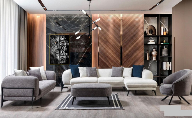 Arredamento soggiorno Divano di lusso a tre posti Mobili in tessuto Divani moderni Acciaio inossidabile