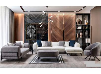 Moderno set di divani angolari a L, divano a 3 posti, poltrona in tessuto.