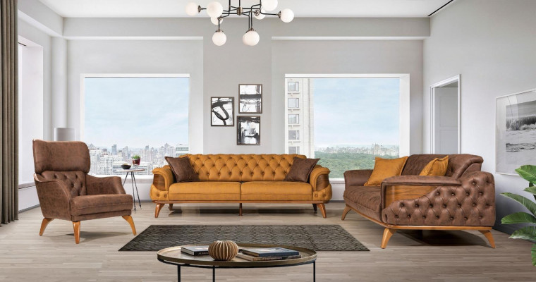 Divano a tre posti Moderno Chesterfield in pelle gialla Design Soggiorno