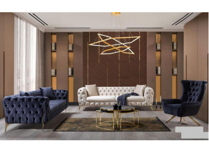 Chesterfield divano a tre posti piedi in acciaio inossidabile, blu, di lusso, design moderno, nuovo.