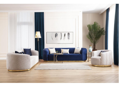 Divano a tre posti con poltrona in acciaio inossidabile in tessuto blu 3+3+1.