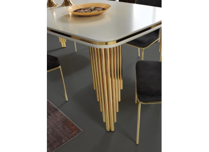 Sala da pranzo di lusso, set da pranzo, tavolo e sedie, 6 pezzi, oro bianco