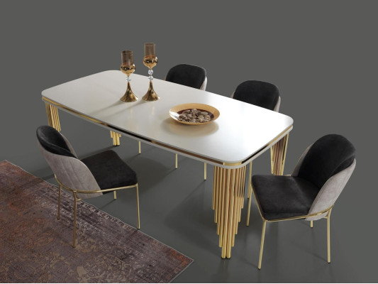 Sala da pranzo di lusso, set da pranzo, tavolo e sedie, 6 pezzi, oro bianco