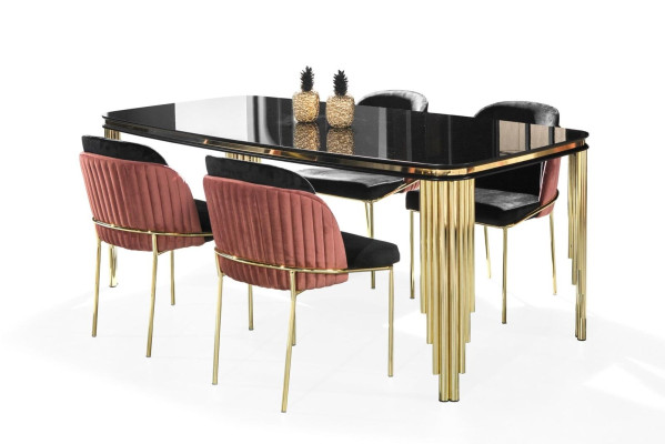 Sala da pranzo in nero e oro, set di tavoli e sedie, mobili da pranzo con 6 pezzi.