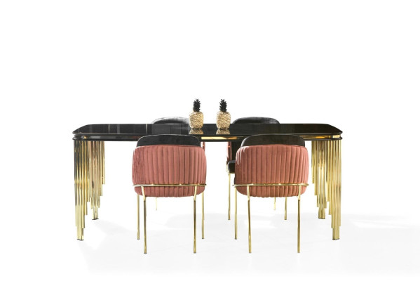 Sala da pranzo in nero e oro, set di tavoli e sedie, mobili da pranzo con 6 pezzi.