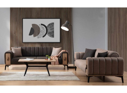 Set di lusso per divani marroni 2x tre posti con struttura in legno.