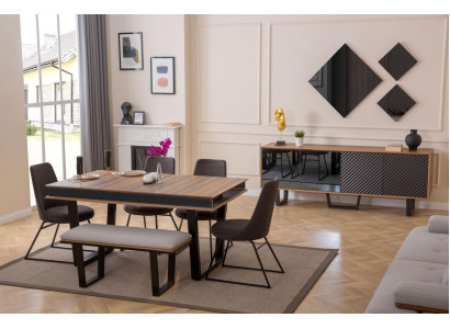 Set sala da pranzo Tavolo da pranzo 4 sedie Panchina Madia Gruppo da pranzo 3 specchi 10 pezzi