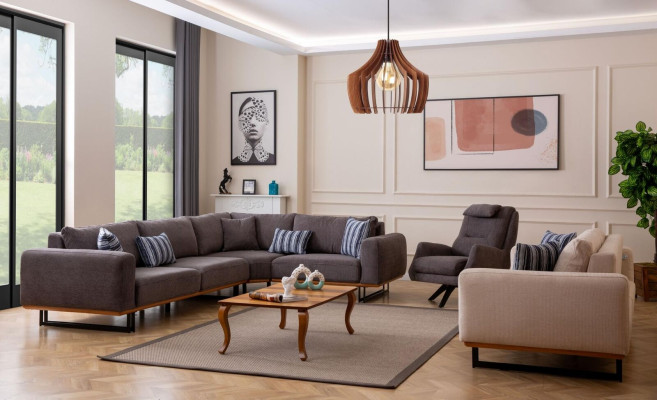 Set soggiorno design, divano ad angolo a forma di L, 3 posti, poltrona, 3 pezzi.