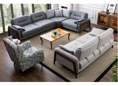 Set soggiorno Divano angolare a forma di L Divano grigio imbottito 3 +1 posti in tessuto