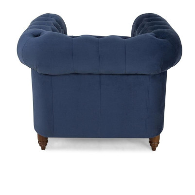Poltrona design monoposto in pelle blu e tessuto, lussuoso divano da club loungese Chesterfield.