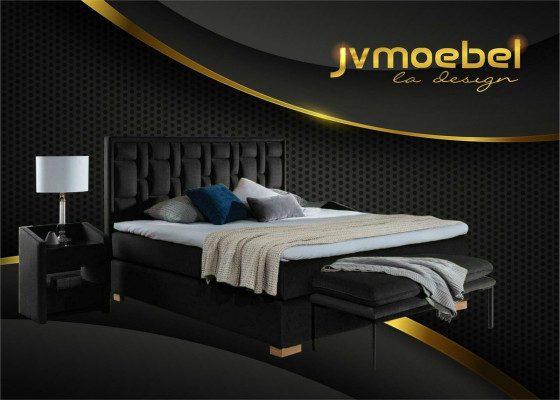 Set da camera da letto con letto design, 4 pezzi. Comprende due comodini e una moderna panchina letto.   Impostazione camera da letto con letto design, 4 pezzi. Include due comodini e una moderna panchina-letto.