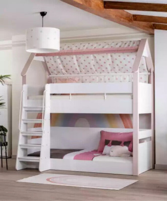 Letto a castello per bambini - Struttura letto a soppalco in legno rosa.