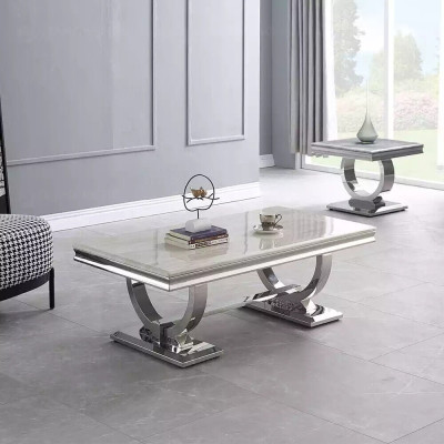 Tavolino moderno grigio in acciaio inossidabile per il soggiorno con design di lusso.