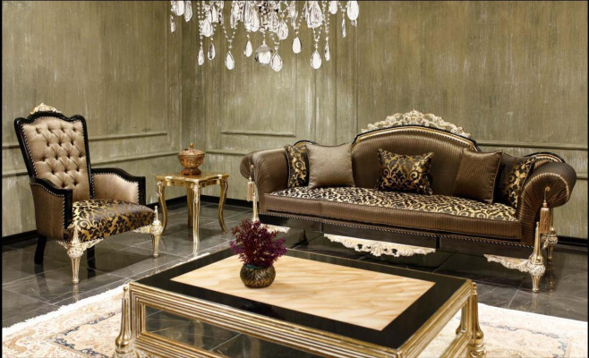 Divani Chesterfield marroni per il soggiorno con tessuto, poltrona a 3 posti e tavolino.