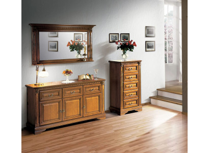 Armadio, cassettiera, specchio, materiale legno, set classico 3 pezzi marrone stile country.