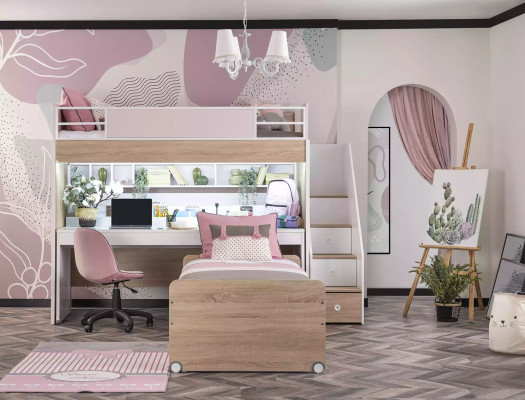 Letto a castello con 3 posti letto in legno rosa letto multifunzionale di lusso