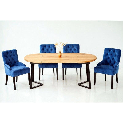 Tavolo da pranzo in legno rotondo, design blu x4 sedie da pranzo Chesterfield set da 5 pezzi.