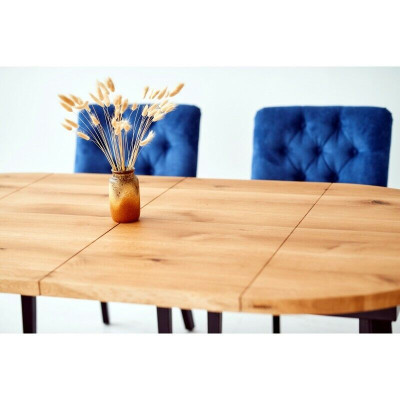 Tavolo da pranzo in legno rotondo, design blu x4 sedie da pranzo Chesterfield set da 5 pezzi.
