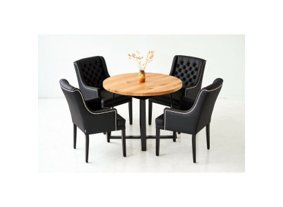 Mobili da sala da pranzo moderni. Preziosa tavola rotonda in legno + set da 7 pezzi con x6 sedie in pelle Chesterfield.