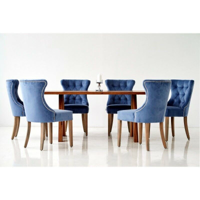 Tavolo rettangolare in legno Designer x6 Sedie blu Chesterfield Set da pranzo 7 pezzi.