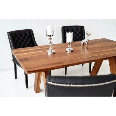 Tavolo rettangolare in legno Designer x6 Sedie blu Chesterfield Set da pranzo 7 pezzi.