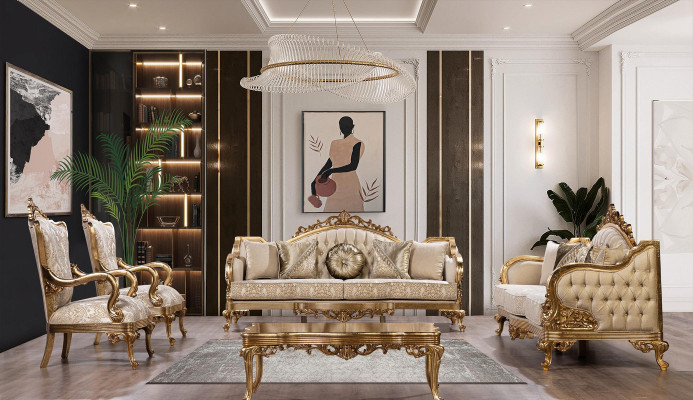 Set di divani Sofagarnitur 4 pezzi. Tavolino da salotto lussuoso. Classico design del soggiorno.