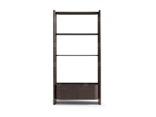 Grande set completo per il soggiorno, composto da poltrone, tavoli e scaffali in tessuto marrone e legno.