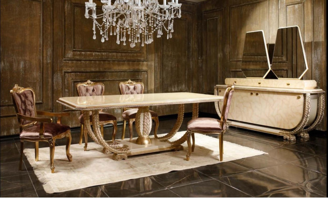 Set da sala da pranzo classico. Tavolo da pranzo raffinato, 4 sedie, credenza, vetrina, 8 pezzi.