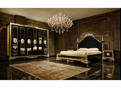 Set da camera da letto nero di lusso: letto, 2 comodini, cassettiera, armadio.