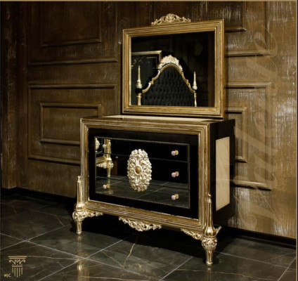 Set da camera da letto nero di lusso: letto, 2 comodini, cassettiera, armadio.