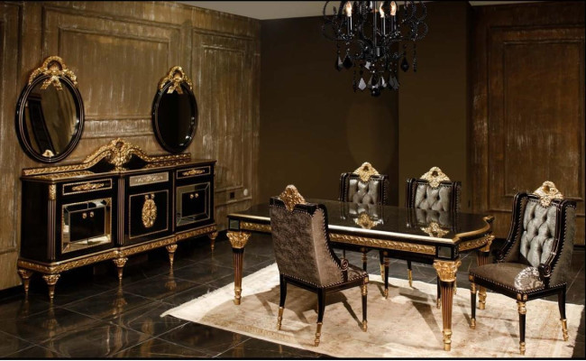 Classico set da pranzo nero con tavolo da pranzo, 4 sedie e vetrina 7 pezzi