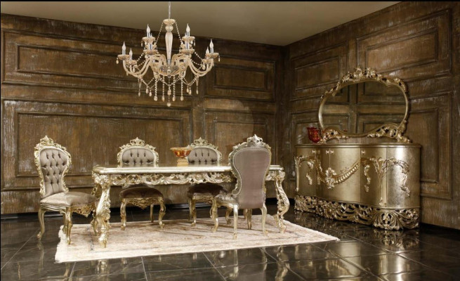 Classico set da pranzo: tavolo da pranzo 4 sedie credenza specchio 8 pezzi