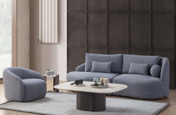 Completto set da soggiorno con divano a tre posti e poltrona, design del designer 2 pezzi.