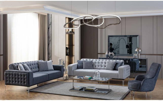 Chesterfield Gruppo salotto grigio divani soggiorno divano a tre posti + poltrona
