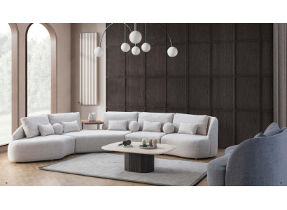Divano angolare bianco moderno a L con struttura in legno per il soggiorno.