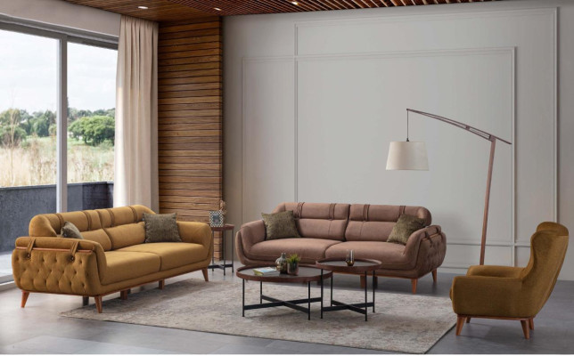 Chesterfield set di arredi per il soggiorno, divani 2 posti, poltrone, mobili.