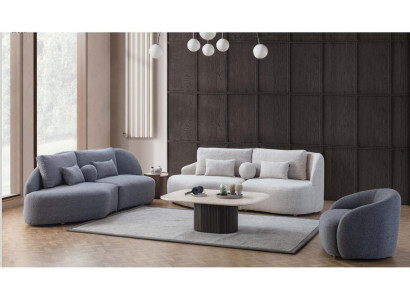 Gruppo soggiorno grigio-bianco 3+3 posti, poltrona in tessuto di design 3 pezzi
