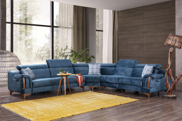 Divano ad angolo moderno a L blu, design salotto divano nuovo.