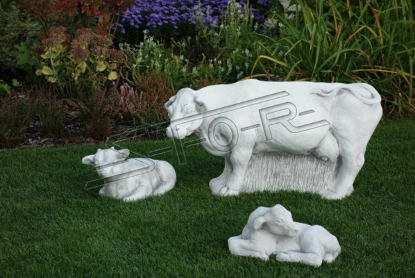 Giardino, decorazione mucca in pietra per terrazza, bianca, statua naturale, scultura.