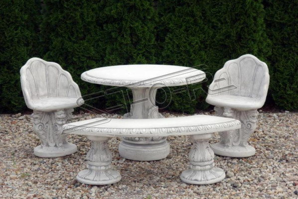 Tavolo in pietra per terrazza da giardino, decorazione, mobili in stile antico di design elegante.