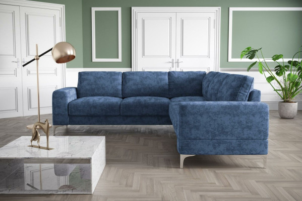 Divano a angolo in tessuto design moderno per soggiorno a forma di L, blu turchese, mobili di lusso.