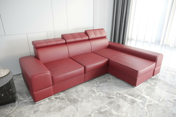 Divano ad angolo design a forma di L in pelle beige per soggiorno elegante di lusso con arredamento moderno.