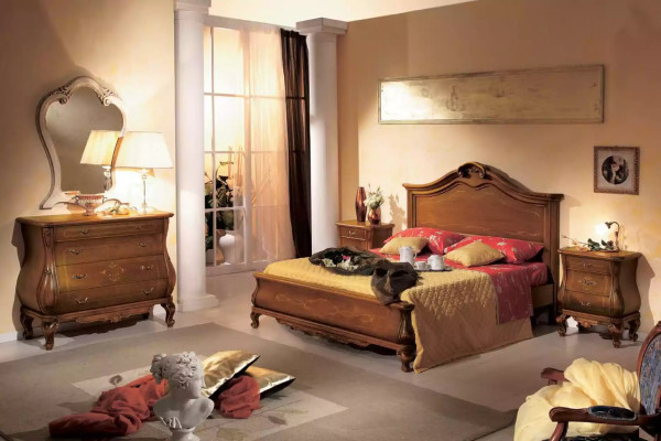 Set da camera da letto marrone con letto, 2 comodini, cassettiera, specchio - stile classico