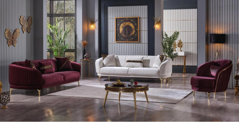 Set di lussuosi divani in acciaio inossidabile moderno per il soggiorno, divani imbottiti a tre posti.