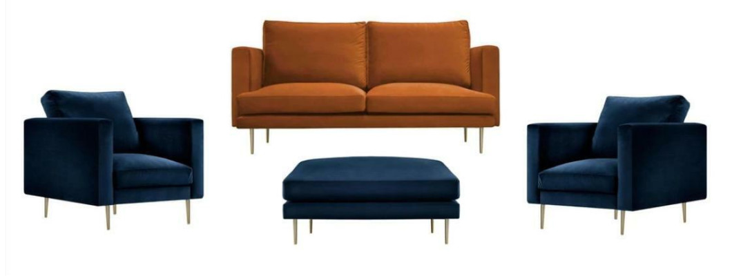 Set da salotto arancione, pouf, poltrona, mobili creativi, tessuto in stoffa per il soggiorno.